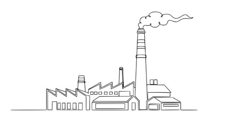 Drawing of an industrial plant or factory with a chimney in one line art style.  © Ninja in Pajamas
