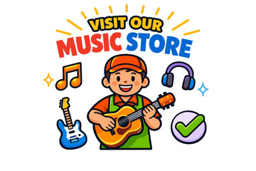 Fototapeta premium Colorful music store promotion with cartoon boy playing guitar