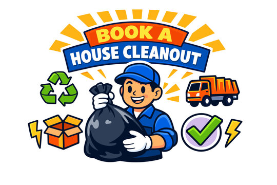 Cheerful male worker promoting eco-friendly house cleanout services