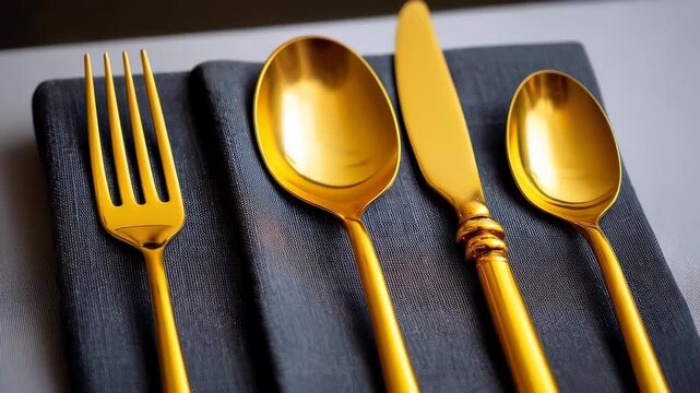 Golden Cutlery Ensemble: A close-up showcases a luxurious dining setting with radiant golden cutlery, arranged elegantly on a textured surface, promising a dining experience