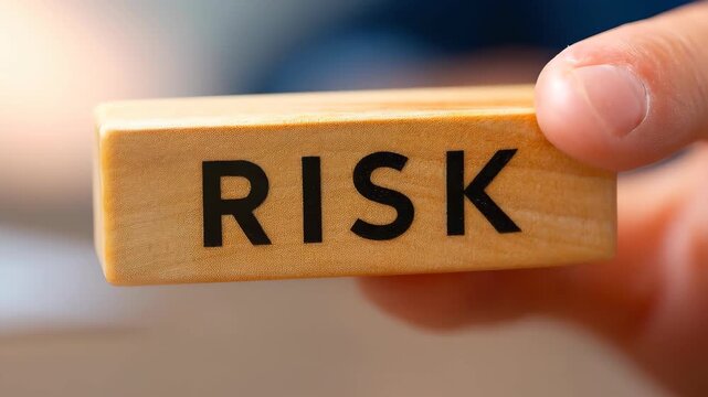 Risk Assessment Concept: A person delicately holds a wooden block with the word RISK printed on it, symbolizing decision-making and the careful evaluation of potential hazards.