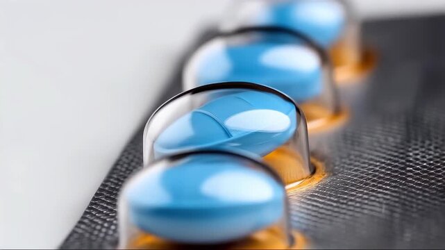 Blue Capsule in Focus: A close-up view spotlights a blister pack, showcasing a row of vivid blue capsules encased in individual compartments. The image suggests health, medicine.