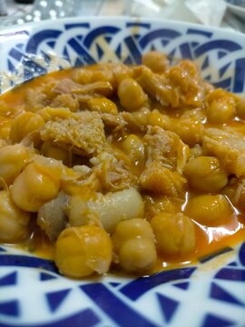 Traditional homemade Spanish callos a la madrile&ntilde;a stew in a plate
