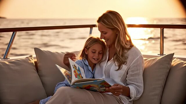 Mother and daughter reading a storybook together on a luxury yacht at golden hour for family bonding concept and summer vacation