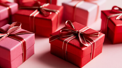Fototapeta premium Geometric pattern of identical red gift boxes with ribbons, pastel pink background, e-commerce and sales season concept, multiple present arrangement, shopping holiday theme,
