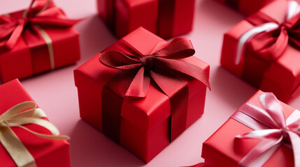 Obraz premium Geometric pattern of identical red gift boxes with ribbons, pastel pink background, e-commerce and sales season concept, multiple present arrangement, shopping holiday theme,