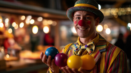 Cheerful clown in bright costume juggling colorful balls, children's party background, entertainment imagery, circus performance scene, festive celebration visual, playful