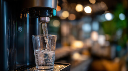 Bottle filling up in drinking water refilling station, water dispensing process, purified water access point, hydration refill service, healthy water option, defocused bottle