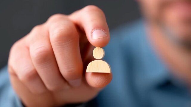 Hand-Held Portrait: A close-up view of a person's hand holding a small, figure-shaped object, suggesting concepts of selection, hiring, or personal representation. 