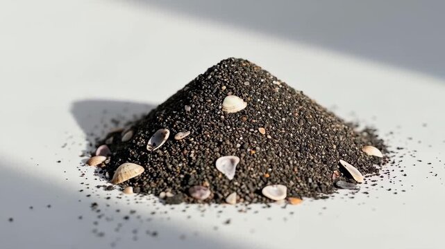 Beach Treasure: A small mound of dark beach sand, sprinkled with delicate seashells, sits in the sun, revealing nature's quiet beauty and the intricate details of a seashore treasure.