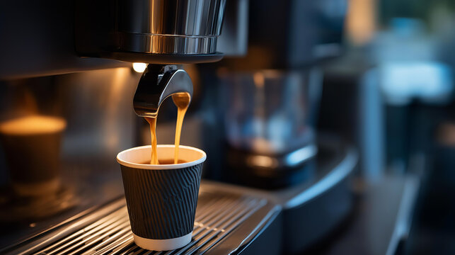 Coffee machine filling paper cup with beverage, making coffee by machine into disposable cup, latte coming out from automated coffeemaker, breakfast drink, vending operation,