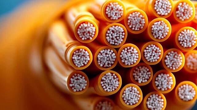 Fiber Optic Cables Close Up: A close-up shot of a bundle of vibrant orange fiber optic cables showcases the intricate network of data transmission.