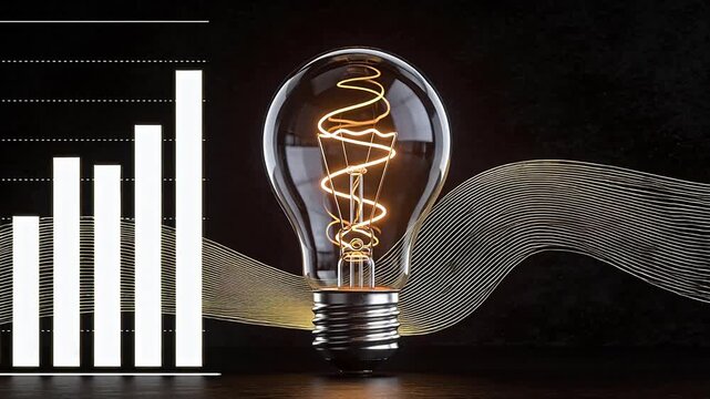 Light bulb with glowing filament and bar chart