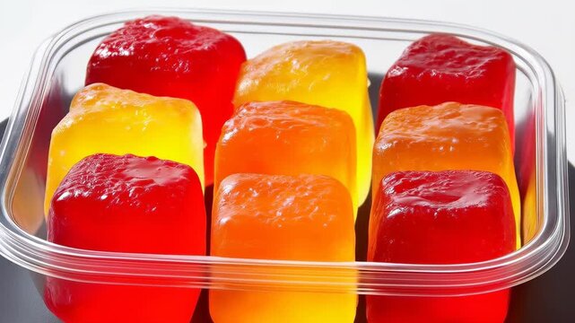 Colorful Gelatin Cubes: A collection of vibrant gelatin cubes arranged enticingly in a clear plastic container, a delectable and visually appealing treat