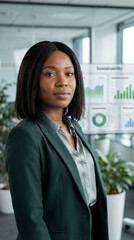 A professional woman with a serious expression poses in a modern office, charts on the wall