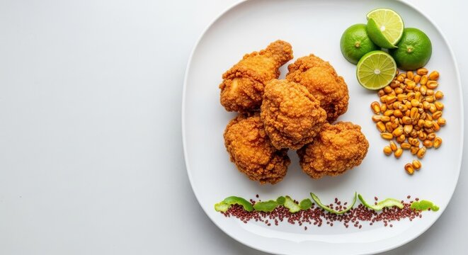 Traditional Ecuadorian Fritada de Pollo Fried Chicken with Large Left Copy Space and Cancha Corn