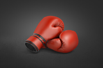 Blank red boxing gloves pair mockup lying, dark background