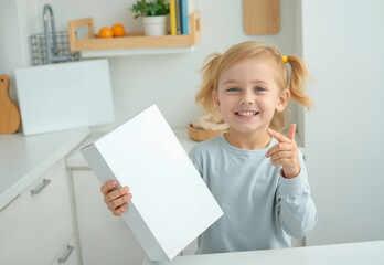 Child holding blank white cereal packaging mockup, ai generated