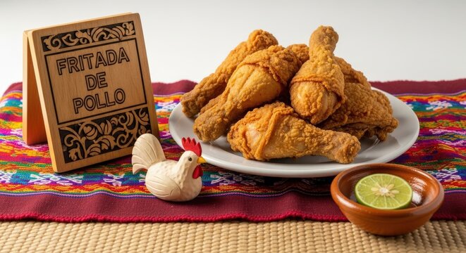 Traditional Ecuadorian Fritada de Pollo Fried Chicken with Otavalo Pano Mat and Chilca Sign