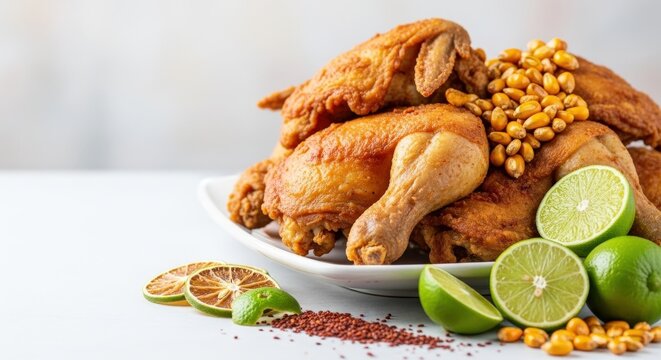 Traditional Ecuadorian Fritada de Pollo Fried Chicken with Large Left Copy Space and Cancha Corn