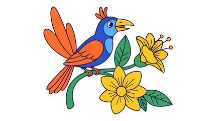 Obraz premium Charming Blue Bird Perched on a Branch with Yellow Flowers, Flat Vector Illustration Style, Ideal for Children's Content and Nature Themes