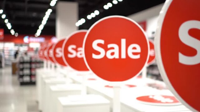 Red Sale Signs in Retail Store, shopping promotion concept