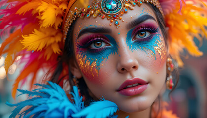 Close-up portrait of a person wearing colorful Carnival makeup and feathers