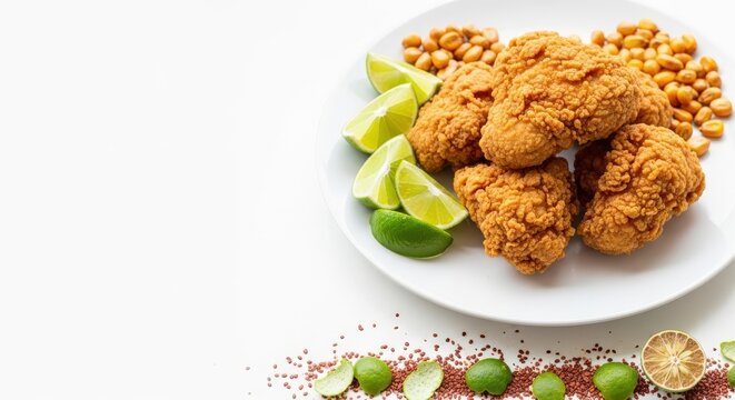 Traditional Ecuadorian Fritada de Pollo Fried Chicken with Large Left Copy Space and Cancha Corn