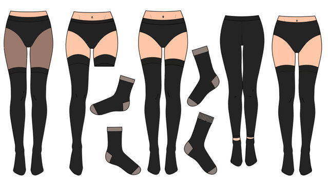 Collection of Black Stockings and Socks Vector Illustration, Fashion Apparel Mockup Template for E-commerce and Design