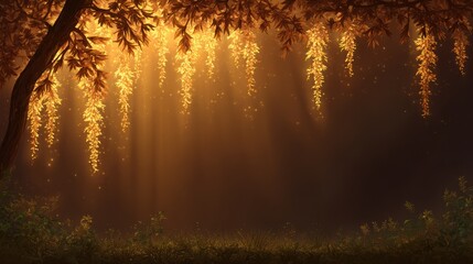 Obraz premium Fantasy Forest Background with Golden Light Rays and Dust