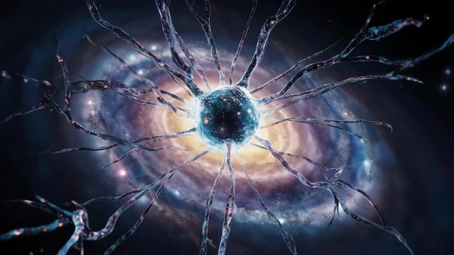A neuron in front of a galaxy backdrop, evoking connections