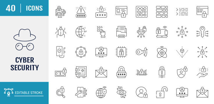 Cyber security icon set. Data protection and Secured network icon collection. Outline Icon Collection. Vector illustration with editable strokes