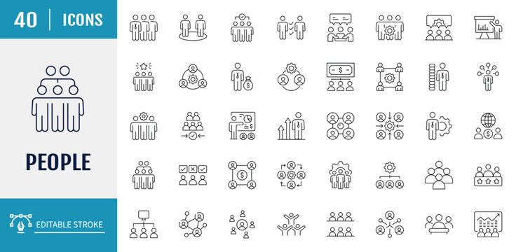 People icon set. Includes group, family, human, team, community, friends, population and more. Vector illustration with editable strokes