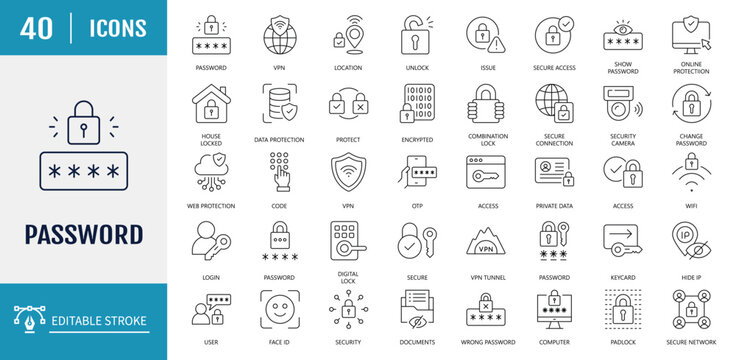 	
Password icon set. Includes login, access, secure, passcode, encryption, code, 2FA, fingerprint and more. Vector illustration with editable strokes