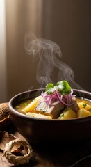 Traditional Ecuadorian Encebollado Tuna and Yuca Soup with Large Left Copy Space and Rising Steam