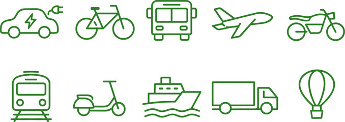 Collection of green transportation icons including electric car, bicycle, bus, plane, and train