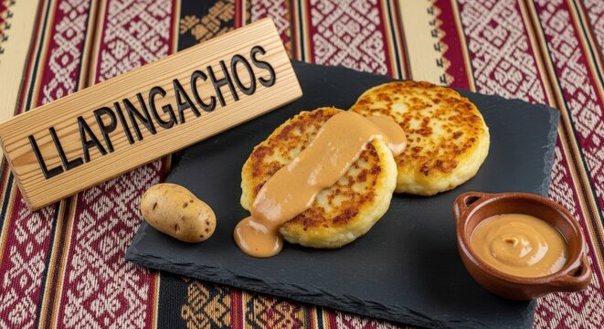 Traditional Ecuadorian Llapingachos Potato Patties with Peanut Sauce on Black Slate and Otavalo Mat