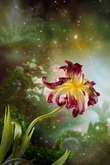 Tulip flower in fantasy garden, greenery in misty fairy tale landscape, plants and parrot tulips on magical nature celestial background with gleam of sky, mystery dreamy cosmic atmosphere.