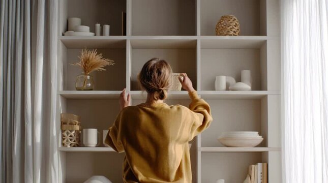 Woman Arranging Decorative Items on Shelves in Bright Minimalist Living Room. Home Organization Minimalist Lifestyle
