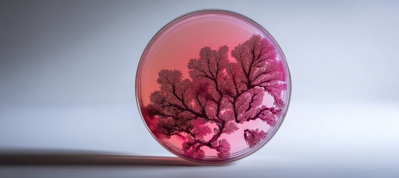 bacteria in petri dish creating coral shapes on clean white surface