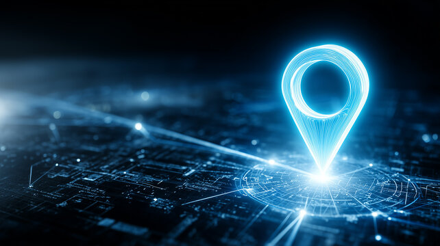 Holographic location pin over futuristic map interface representing GPS tracking, geospatial data, and precision navigation services.

