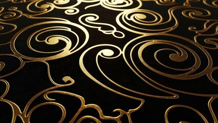 Intricate gold baroque swirls on a dark surface evoke luxury and opulence