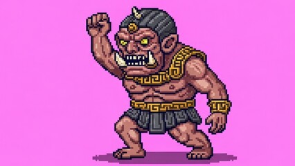 Pixelated oni warrior raising his fist in a furious rage on a vibrant pink background