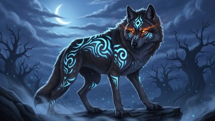 Mystical wolf creature with glowing markings, nocturnal woodland atmosphere painting