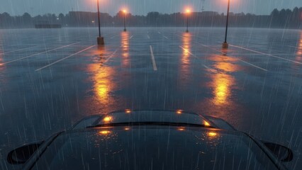 Reflections of streetlights on a rain-soaked parking lot viewed from inside a car