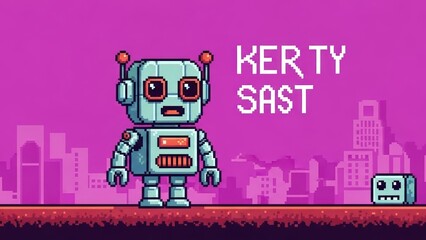 Retro pixelated robot standing in a stylized city landscape with bright colors