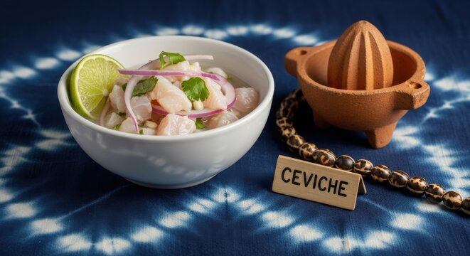 Gourmet South American Fish Ceviche in White Bowl with Indigo Sanjuanero Embroidery