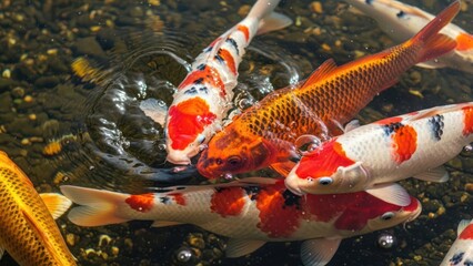 Vibrant koi fish swimming in a clear pond showcasing their colorful patterns aquatic beauty