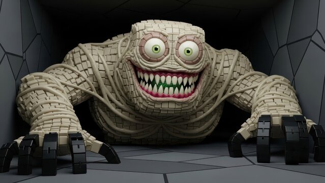 Terrifying blocky creature with sinister grin emerging from a dark tunnel like abyss