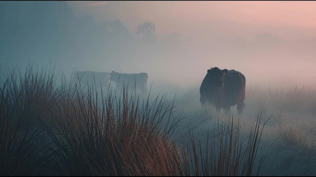 Cows standing in a foggy field.